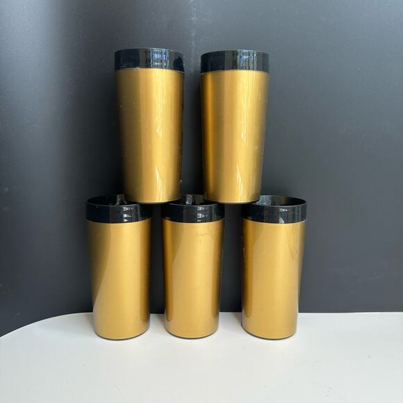 Vtg Thermo-Serv Drinking Tumbler Cup Insulated Gold Mid Century Set/5 - Picture 1 of 5